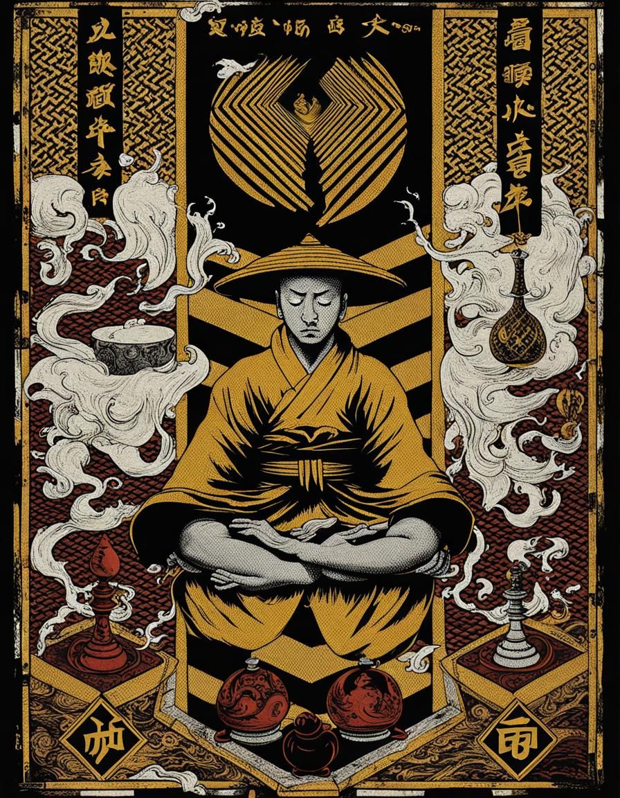 Meditating Monk on Chessboard with Kung Fu Theme