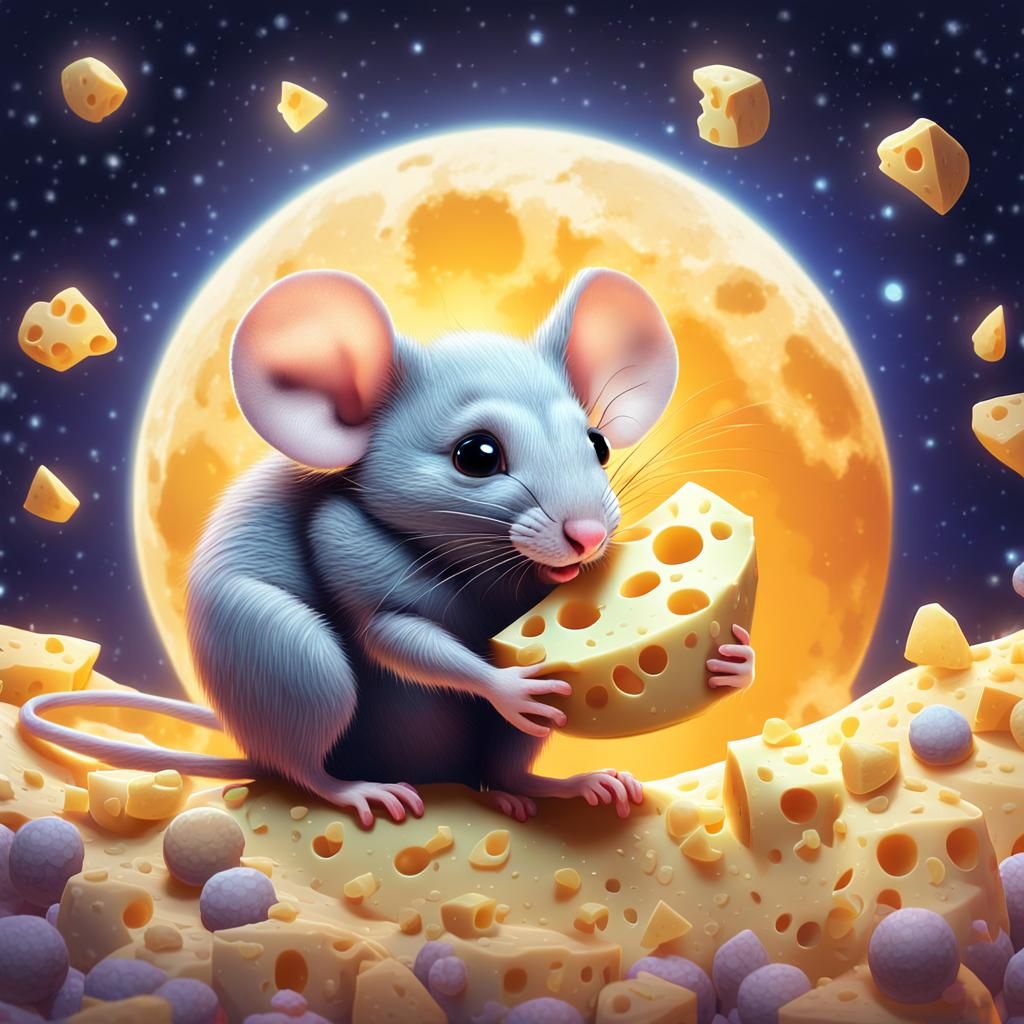 Mouse Nibbling Moon Cheese in Dreamy Pastel Colors
