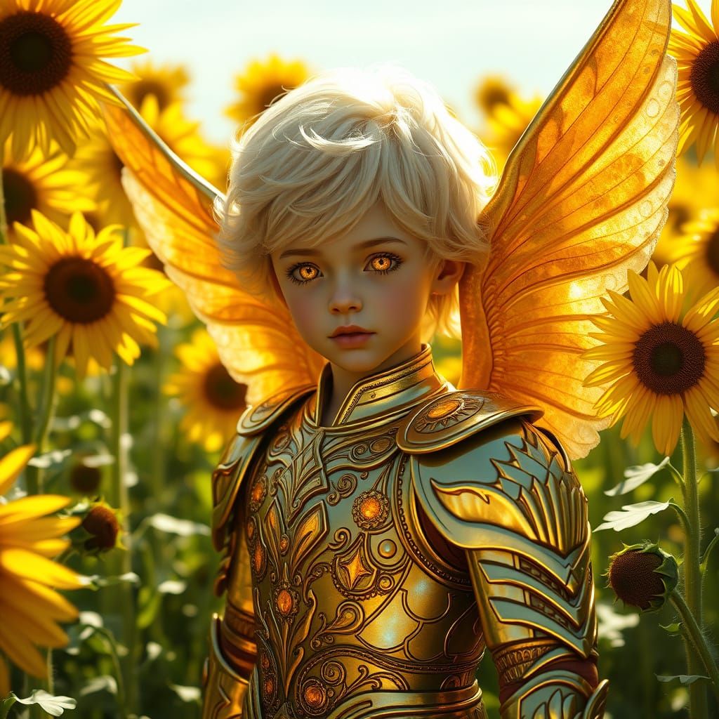 Angel Boy in Sunflower Field, Radiant with Ethereal Light