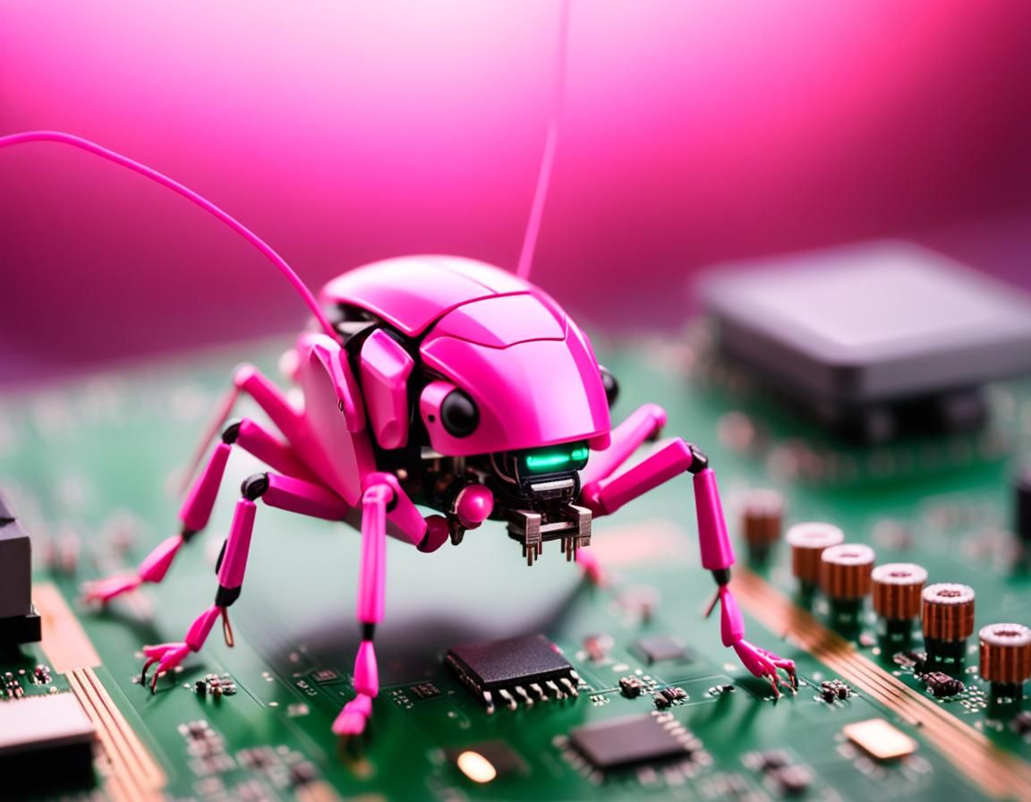 Electric Pink Cricket Robot on Circuit Board
