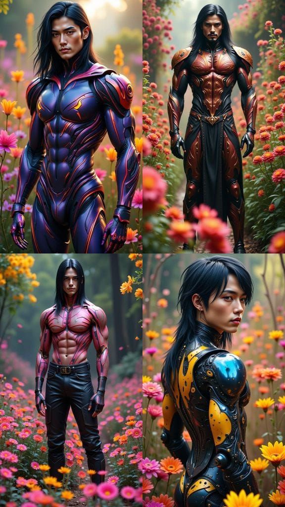 Japanese Cyborg Man in Flower Garden