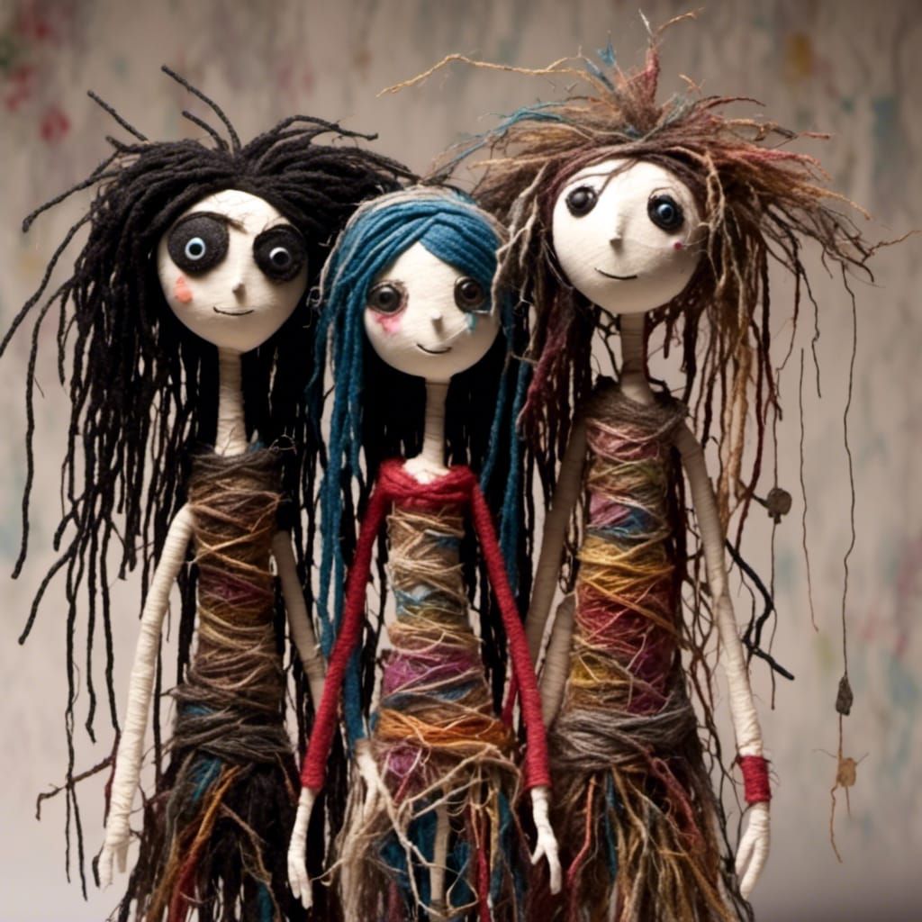 Three Straw Doll Friends in Paper-Cut Style