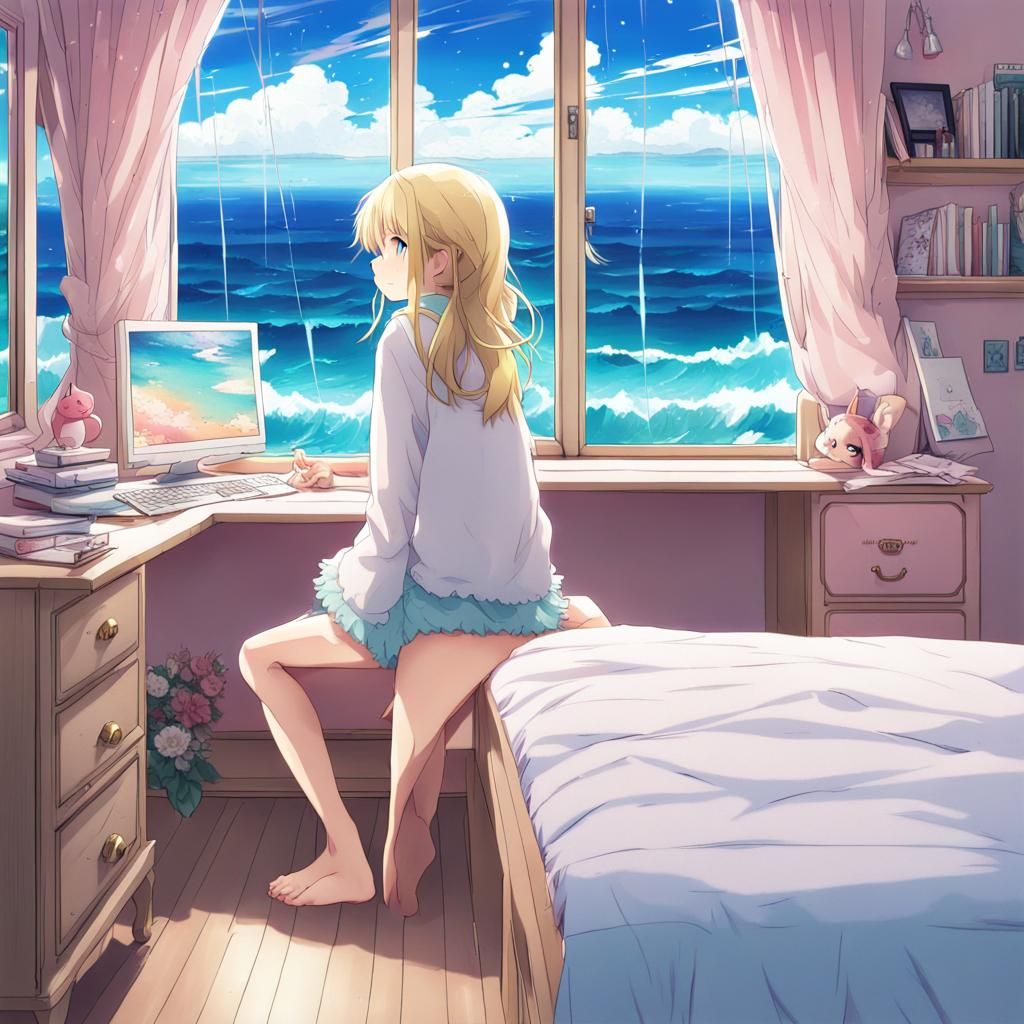 Girl Watches Stormy Ocean in Anime Style