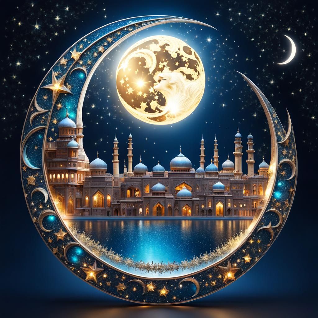 Glass Crescent Moon City in Starry Sky