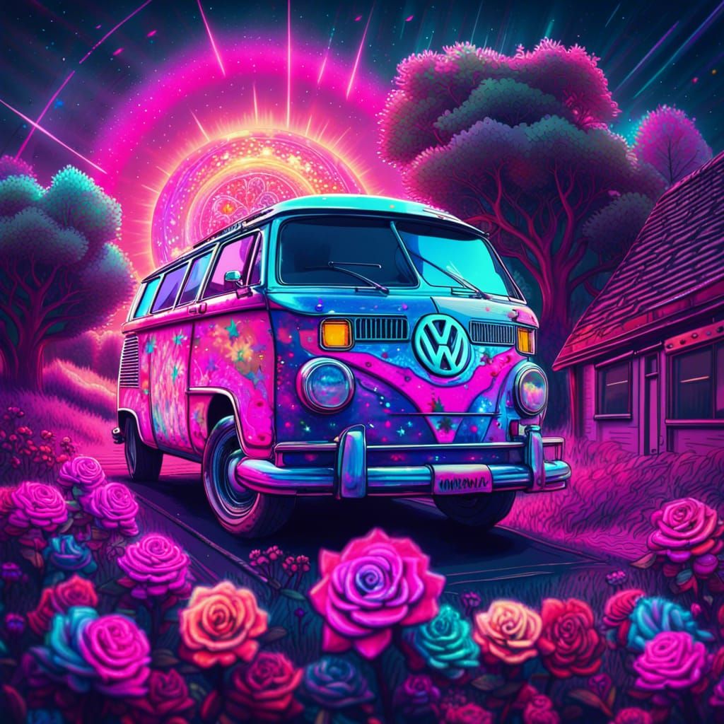 Cyberpunk Van with Roses and Stars
