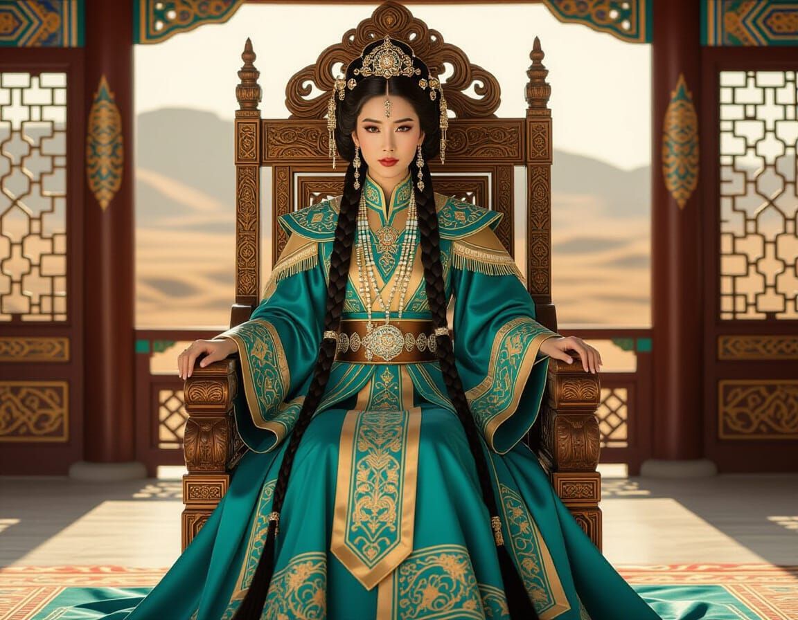 Elegant Mongolian Empress on Dragon Throne