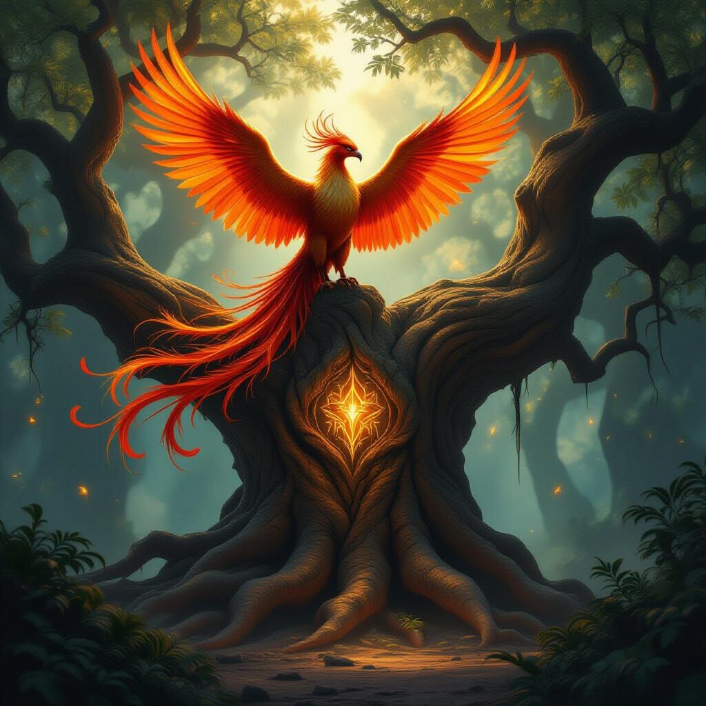 Majestic Phoenix on Ancient Tree in Mystical Forest