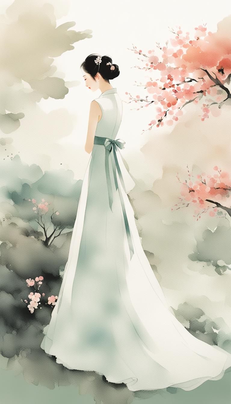 Minimalist Chinese Ink Painting of an Asian Bride