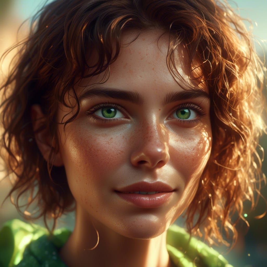 Beautiful Woman with Green Eyes: Hyperrealistic Digital Port...