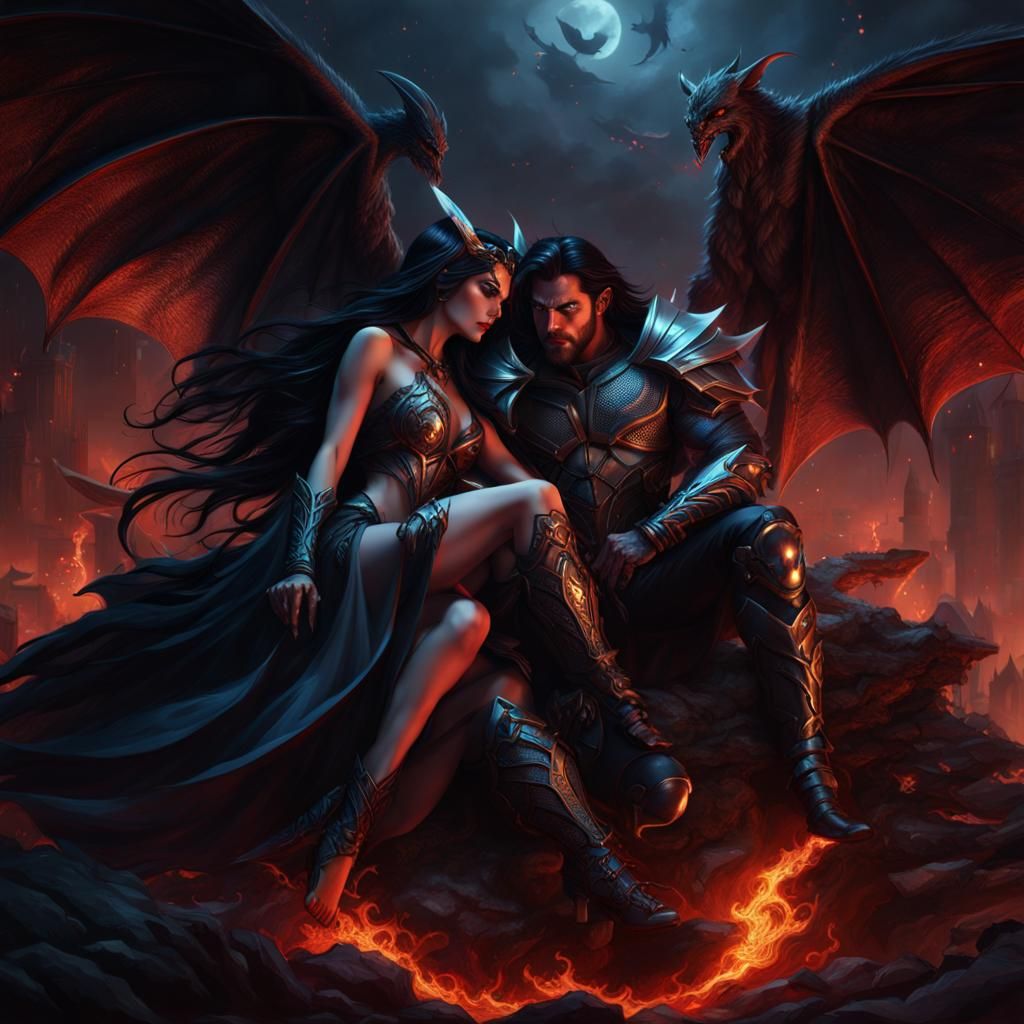 Sensual Demon with Warrior: Fantasy Art