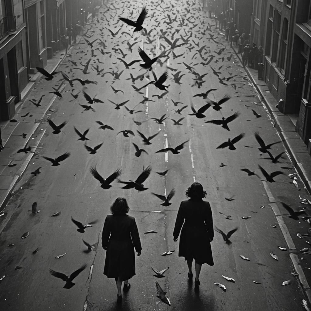Dark Flock Descends in Film Noir Streetscape