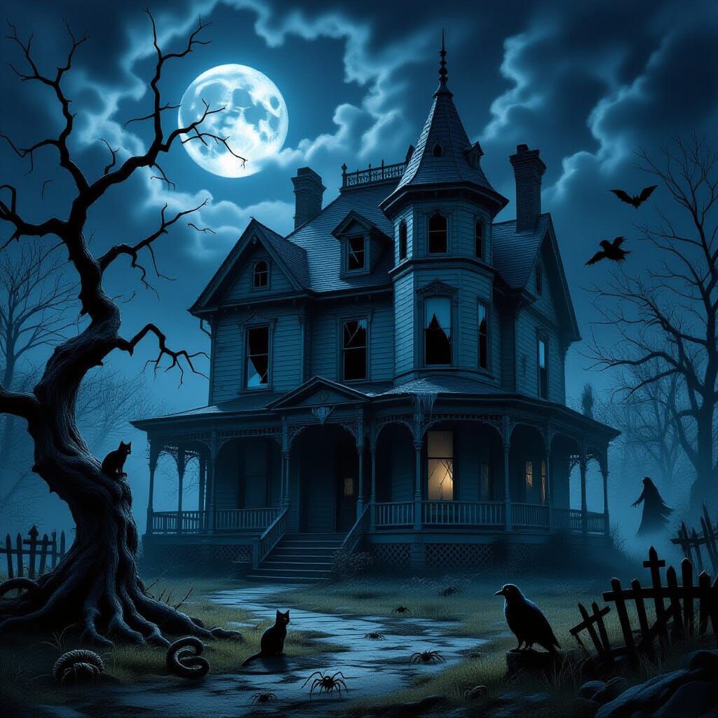 Ominous Victorian House Under Moonlit, Skeletal Tree