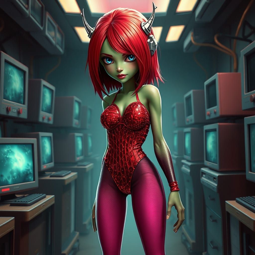 Fantastical Female Superhero in High-Tech Lair