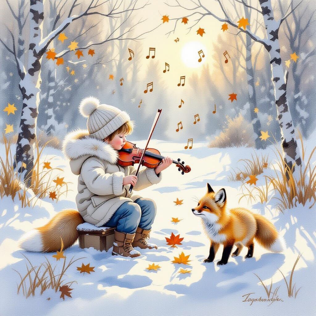 Boy Plays Violin in Snowy Forest Landscape