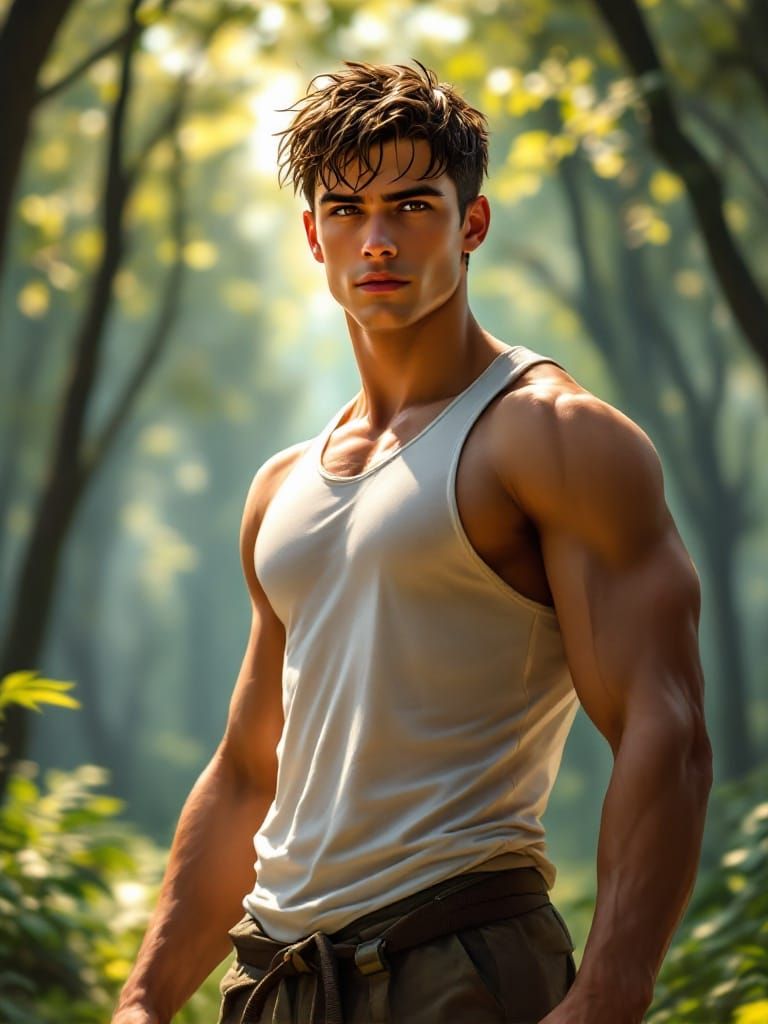 Handsome Young Athlete Radiates Passion in Sunlit Forest