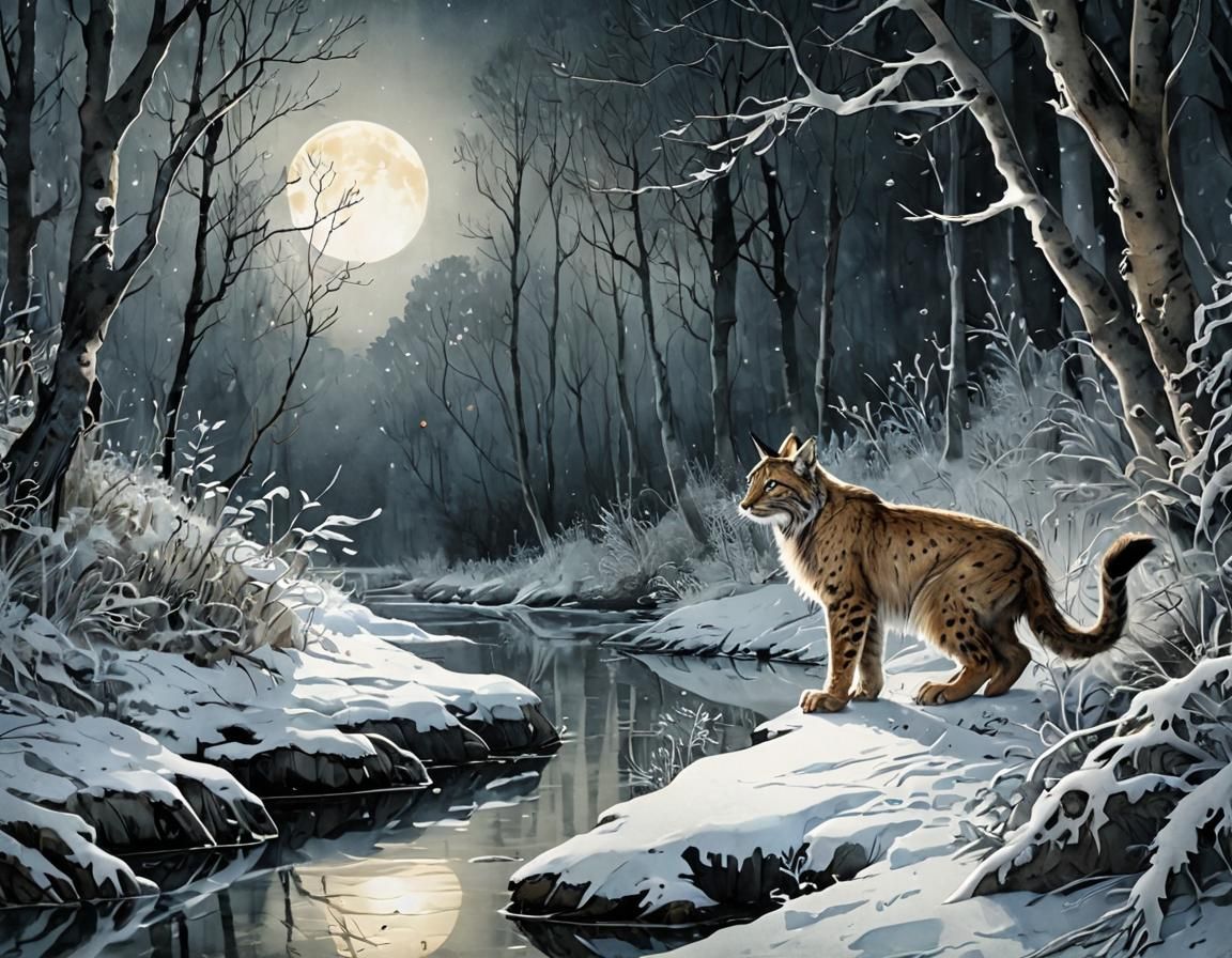 Icy River Landscape with Lynx in Watercolor Style