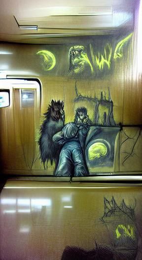 Werewolf in Subway Car: Gothic Steampunk Art