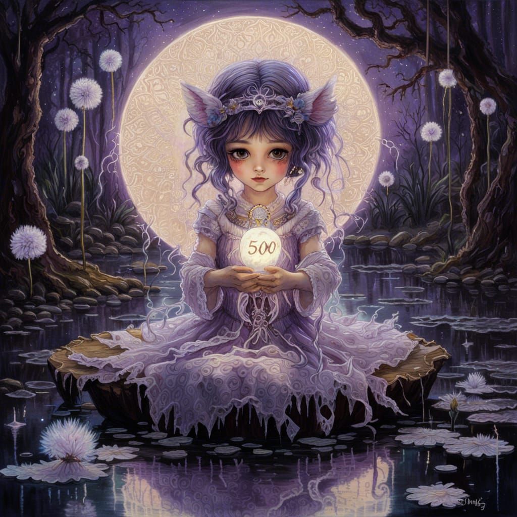 Bioluminescent Chibi Moon Goddess in Lace Dress