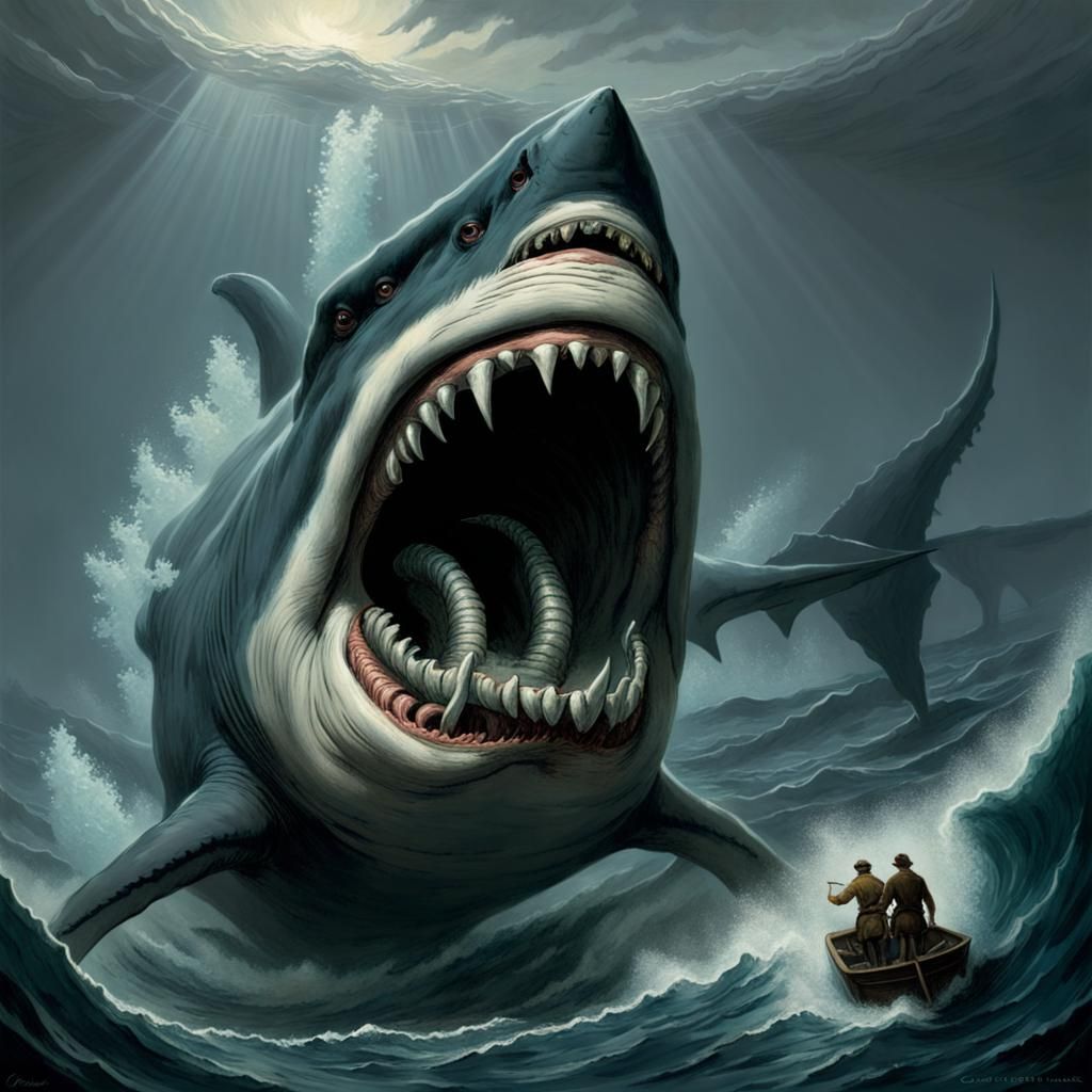 Megalodon in a Dark Gothic Horror Style