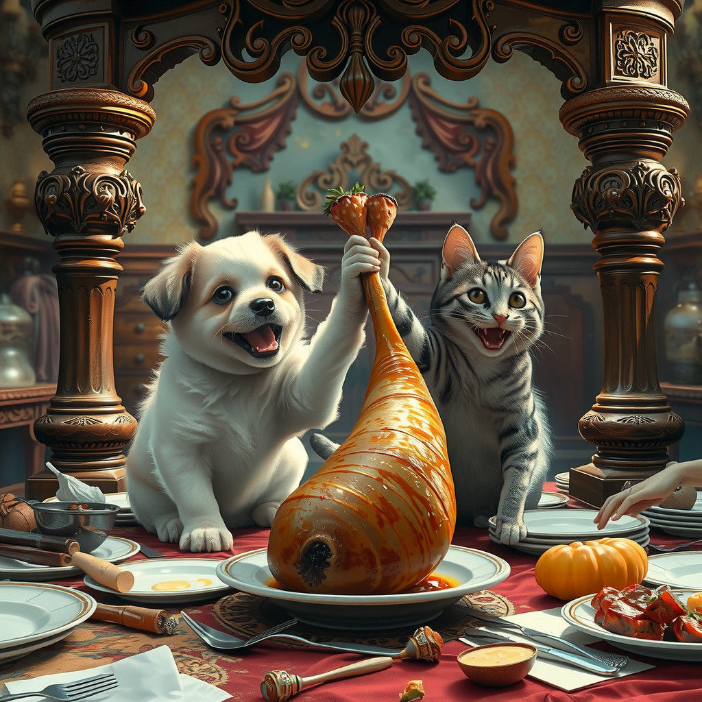 Playful Puppy and Cat's Chaotic Feast: Matte Painting