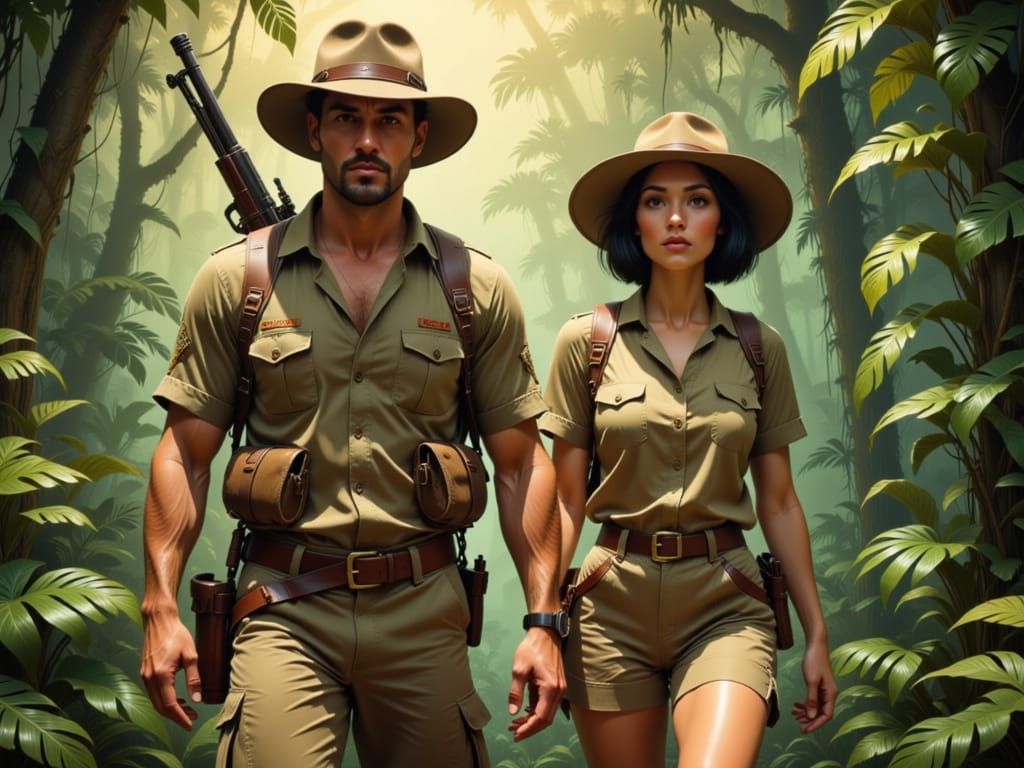 Explorers Trek Through Lush Jungle at Golden Hour