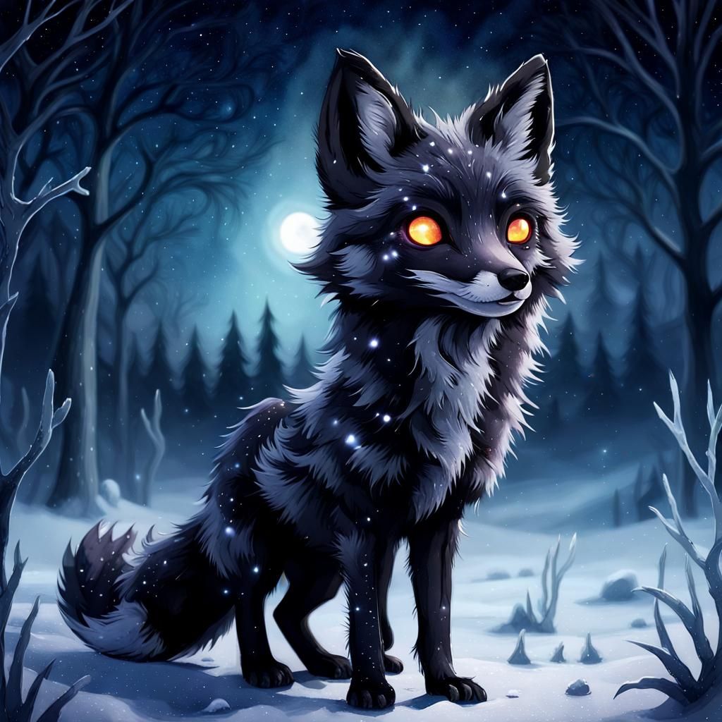 Undead Black Fox in Winter, Watercolor Style