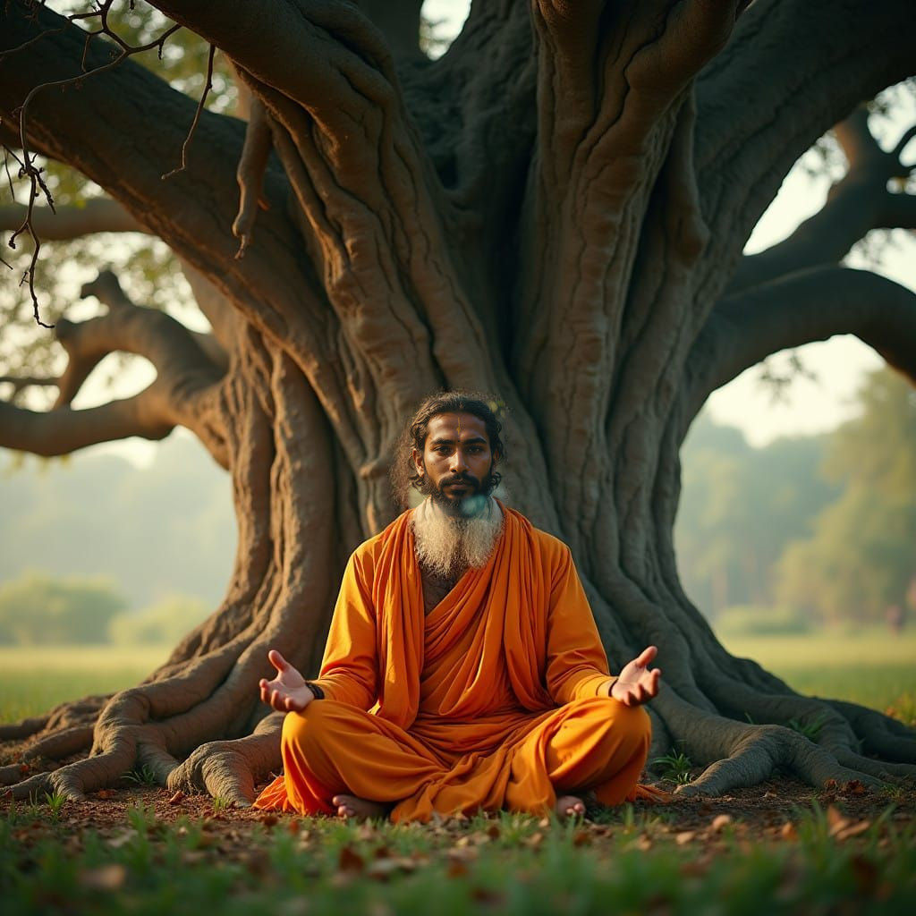 Surreal Indian Guru in Meditation under Ancient Tree, Hyper...