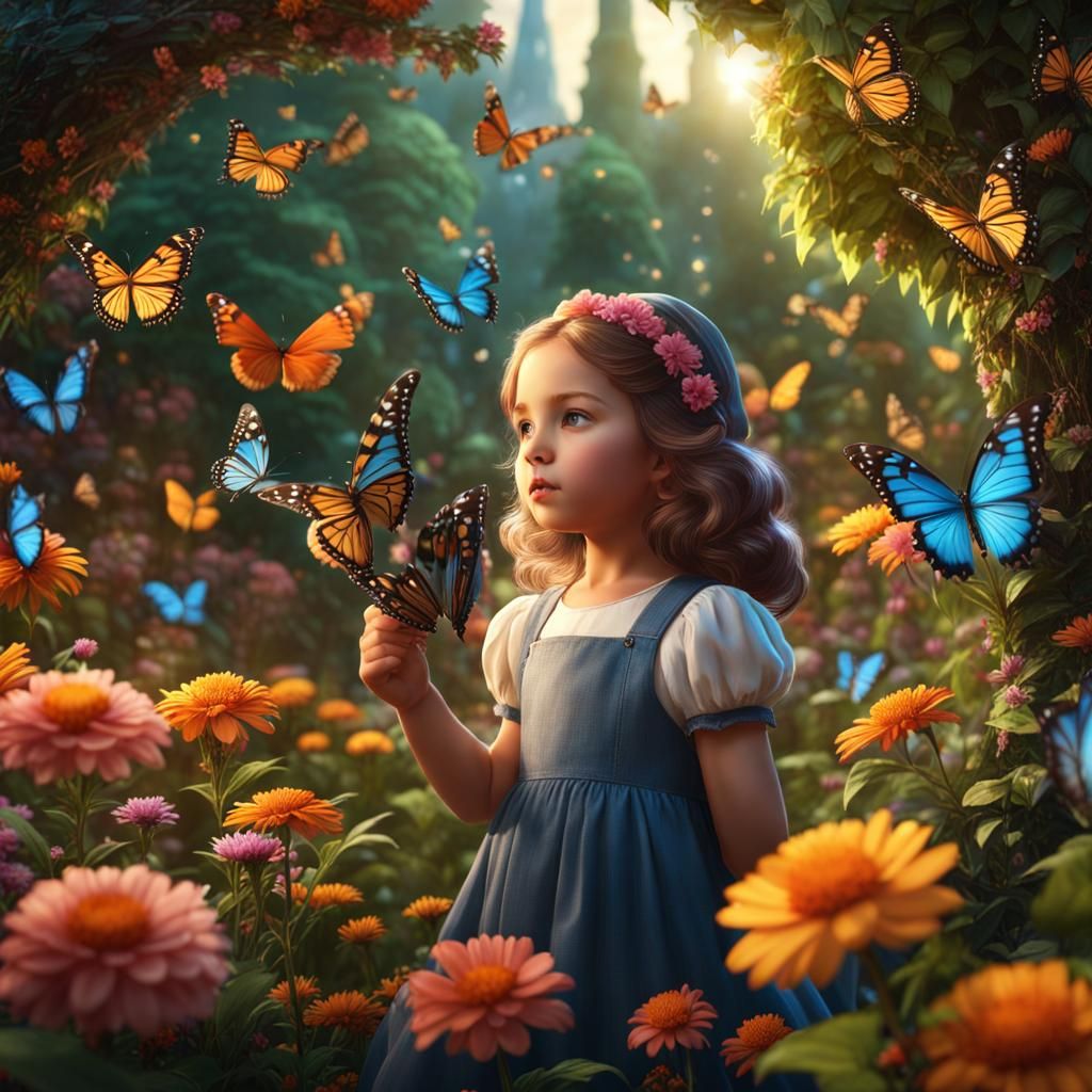 Girl with Butterflies in Enchanted Garden