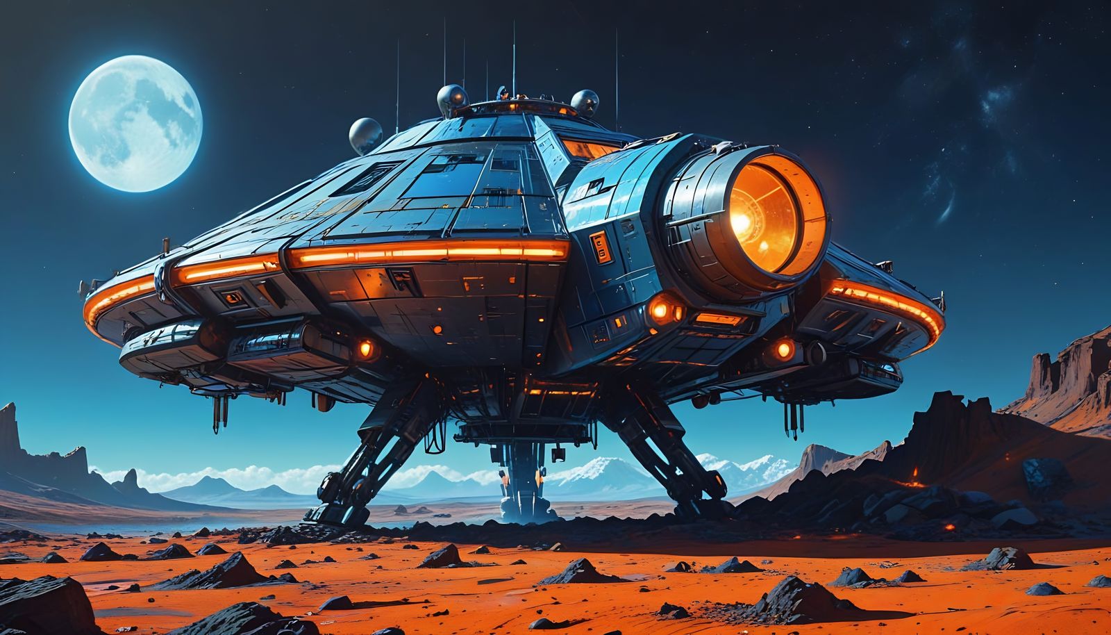 Retro-Futuristic Spaceship on Moon in Cartoon Style