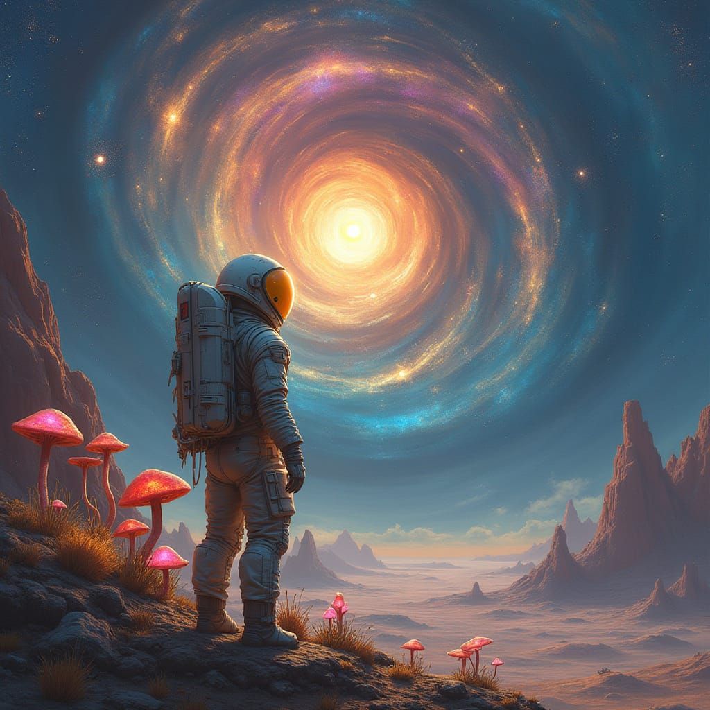 Astronaut Gazing Up at Cosmic Vortex on Alien Planet in Futu...