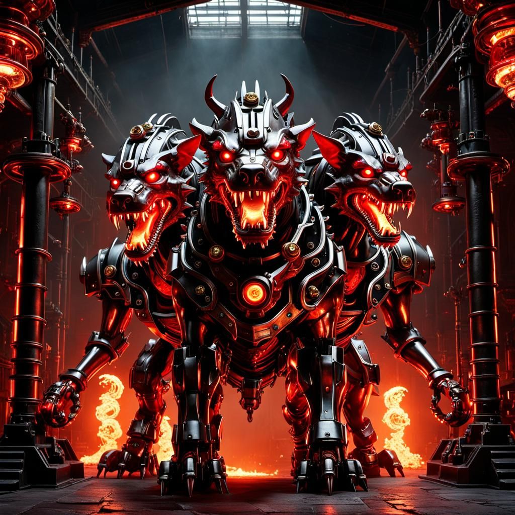 Steampunk Cerberus in Industrial Sci-Fi Setting