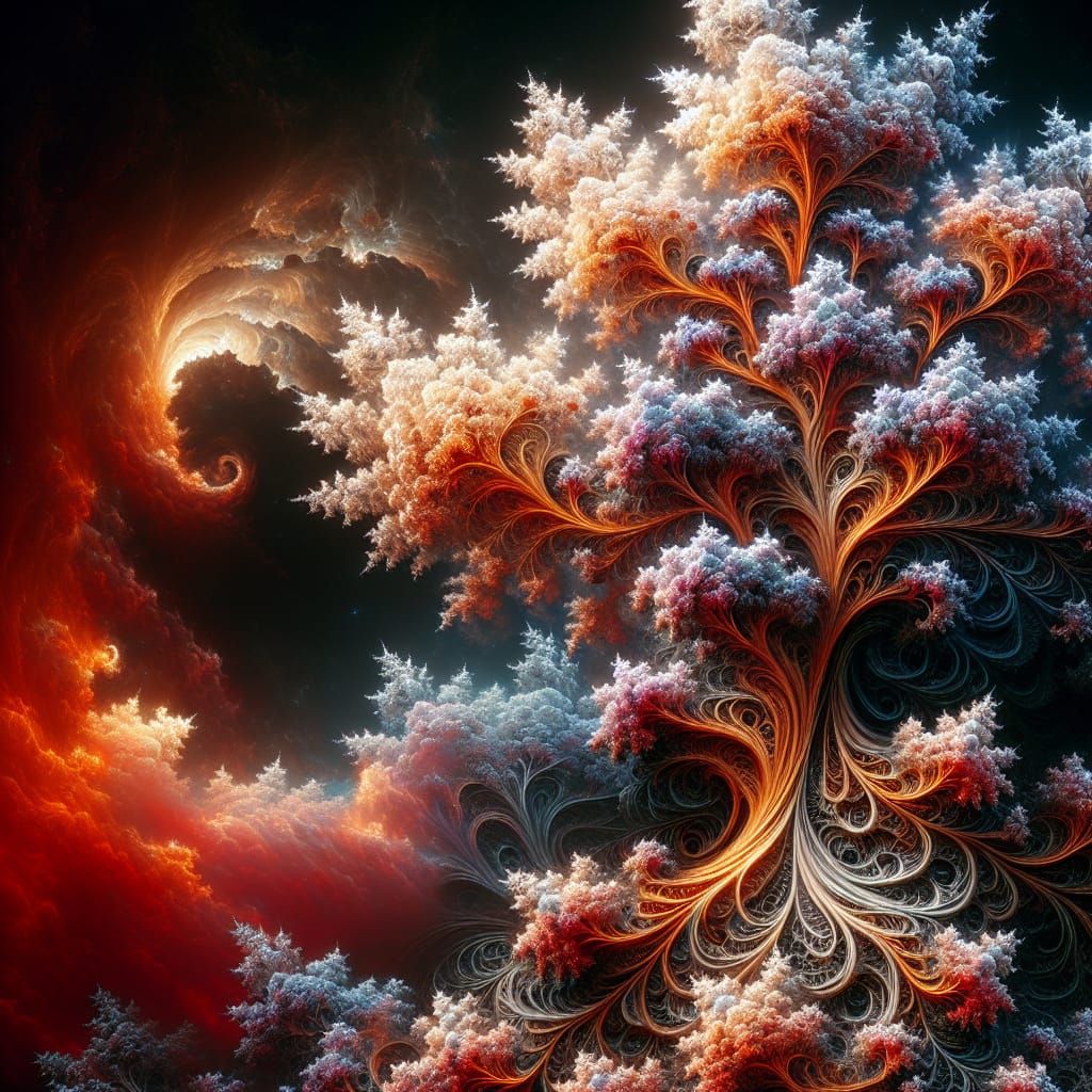 Fractal Filigree Tree Against Red Clouds