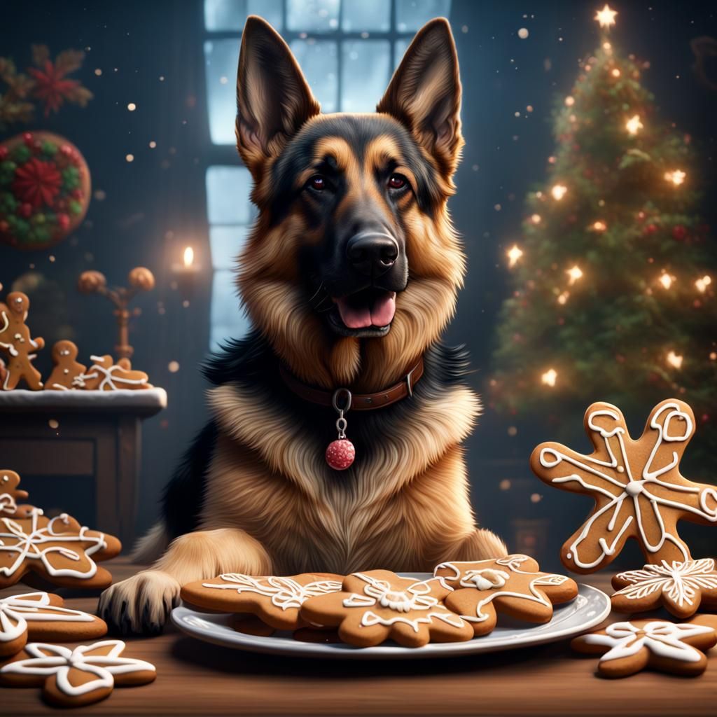 German Shepherd's Gingerbread Feast: Detailed Matte Painting