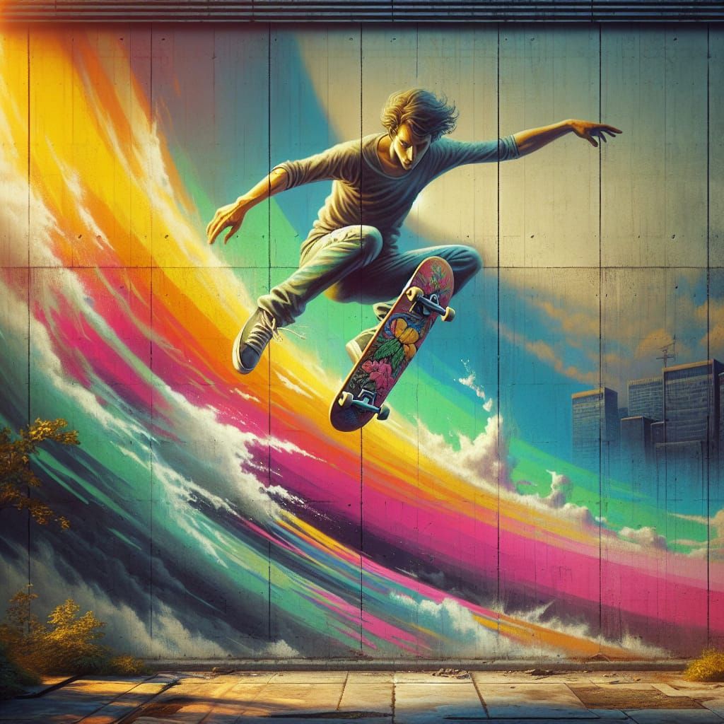 Vibrant Graffiti Mural of Skater Doing Kickflip