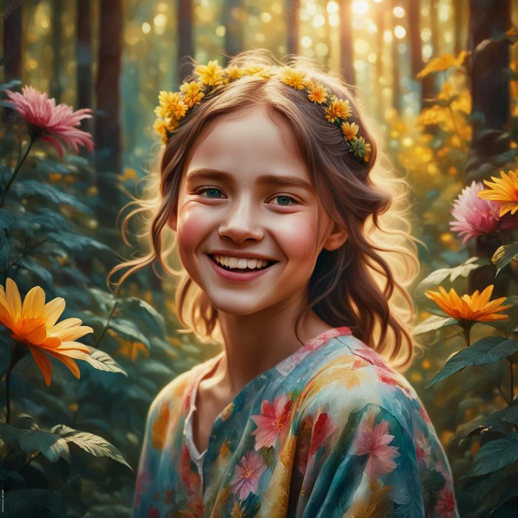 Joyful Girl in Forest, Oil Painting Texture