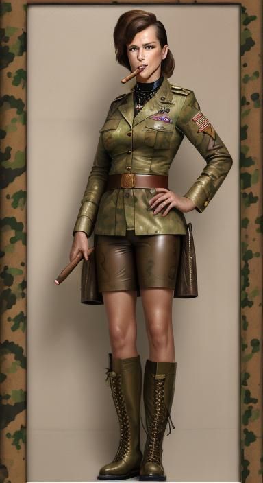 Female Military Officer in Camo Leather Uniform