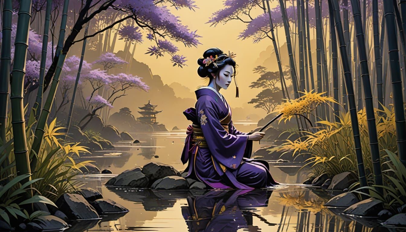 Geisha Calligraphy in Bamboo Garden: Sumi-e Ink Painting
