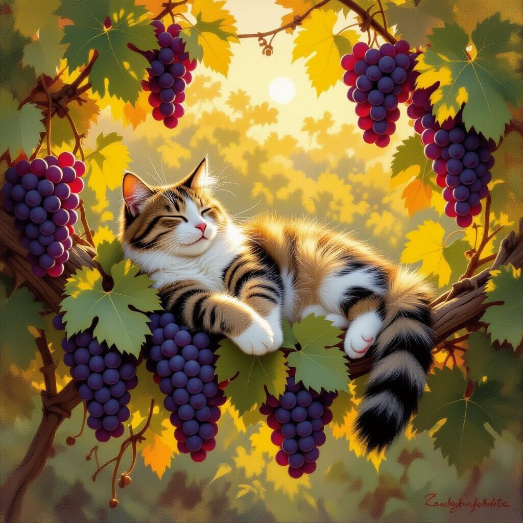 Cozy Cat Lounging on Grapevine in Sunlight