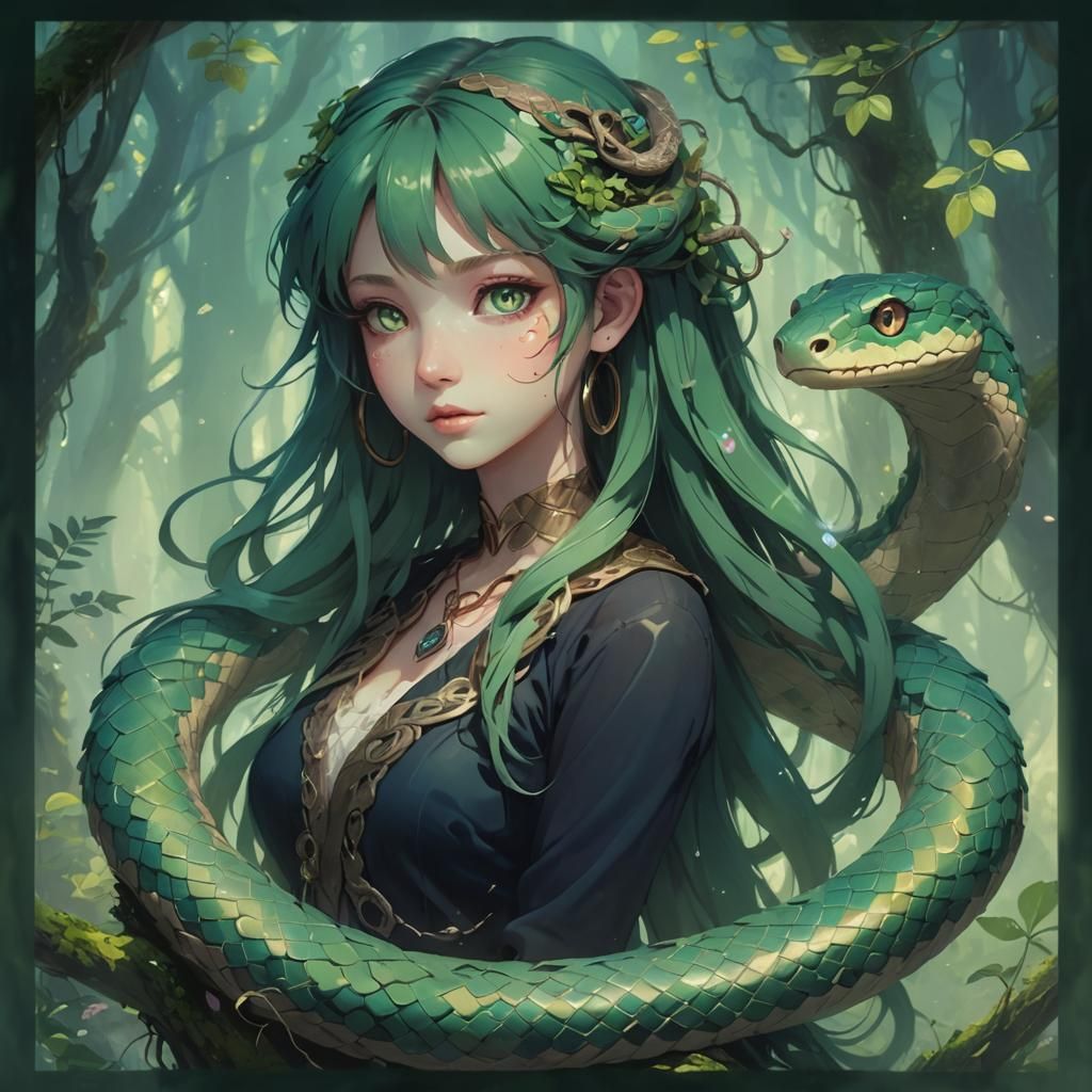 Anime Snake Girl in Misty Forest Illustration