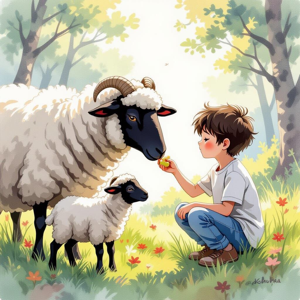 Boy Feeding Sheep in Fantasy Inkblot Style