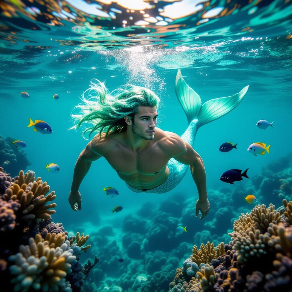 Young Merman Swimming Through Iridescent Coral Reef