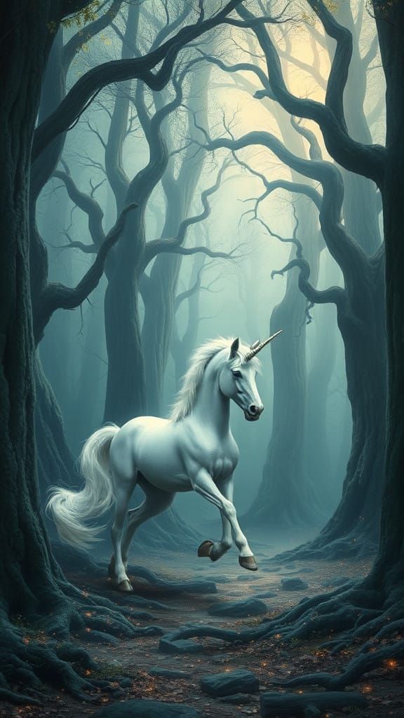 Ethereal Unicorn in Ancient Forest Illuminated by Soft Glow