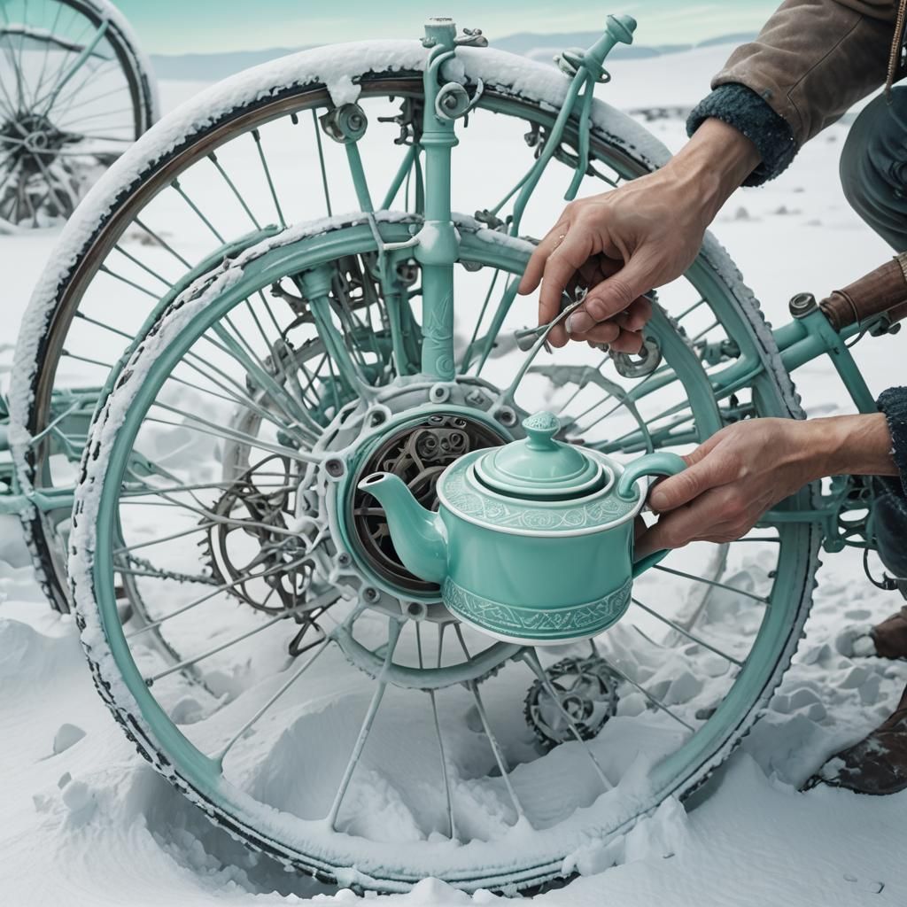 Mint Teapot on Bicycle Wheels in White Wasteland