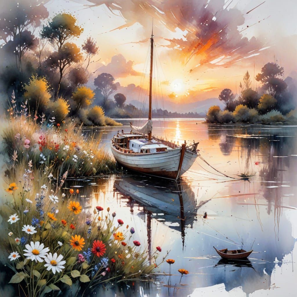 Sunset Sailing Boat on Lake, Watercolour Style