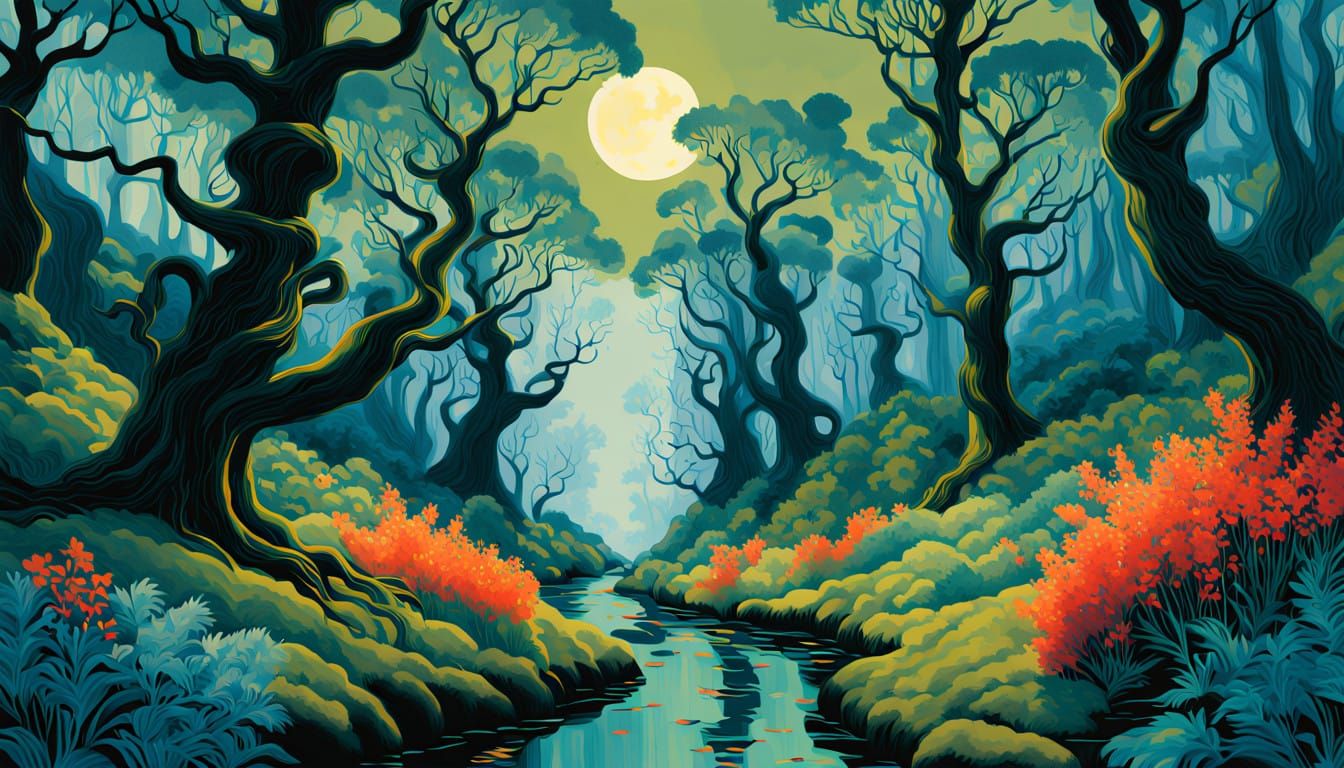 Surreal Moonlit Forest Scene in Vibrant Artistic Style