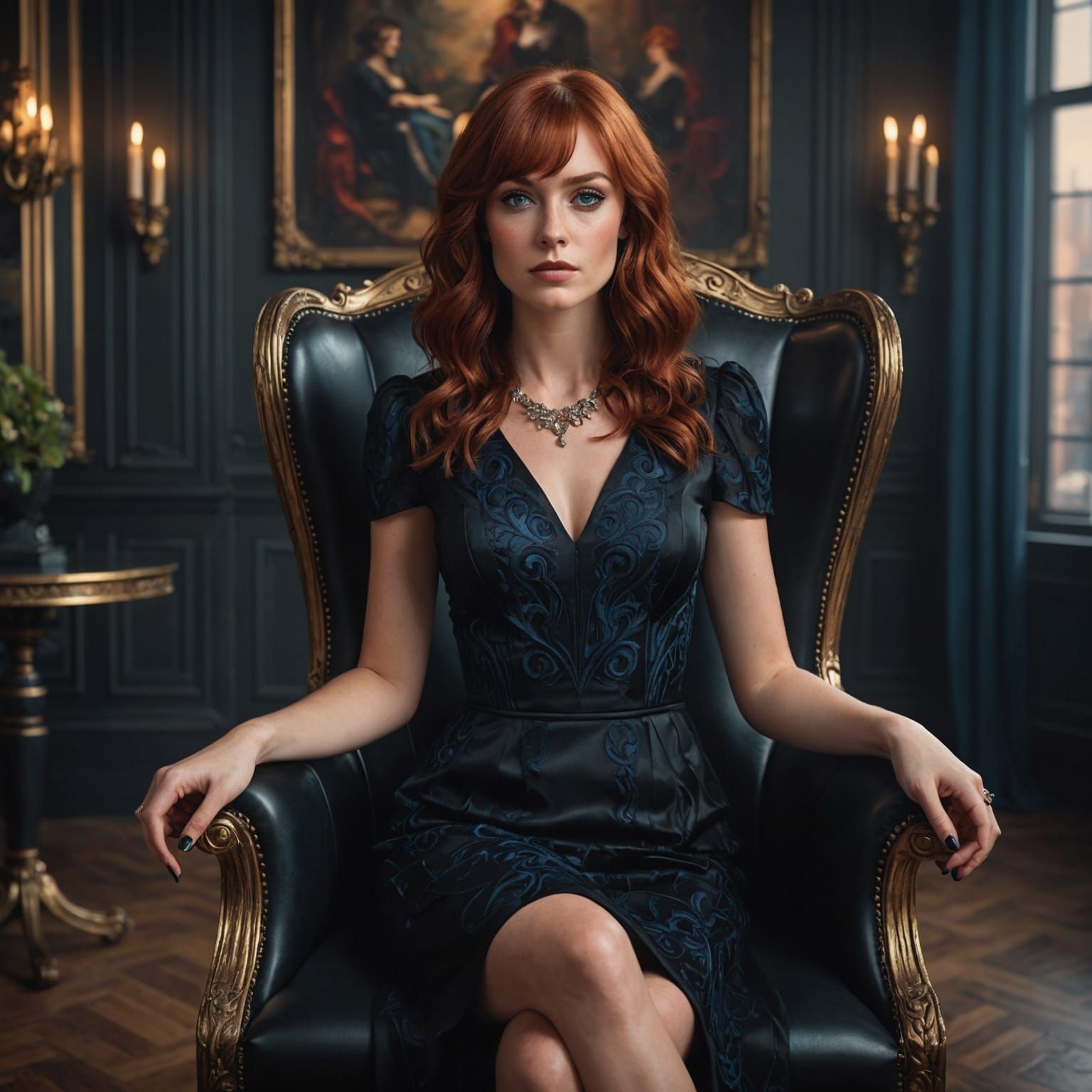 Elegant Redhead in Black Dress, Fantasy Art