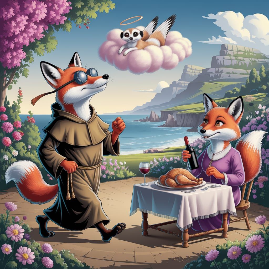 Fox Monk and Meerkat Angel in Whimsical Caricature