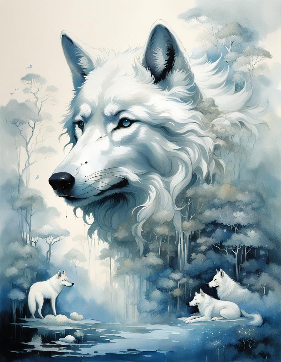 Whimsical Wolf Washed with Pastel Hues