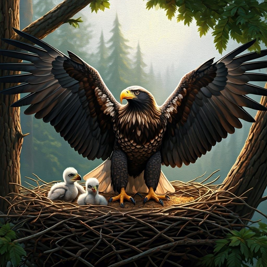 Majestic Eagle Protecting Nest as Oil Painting