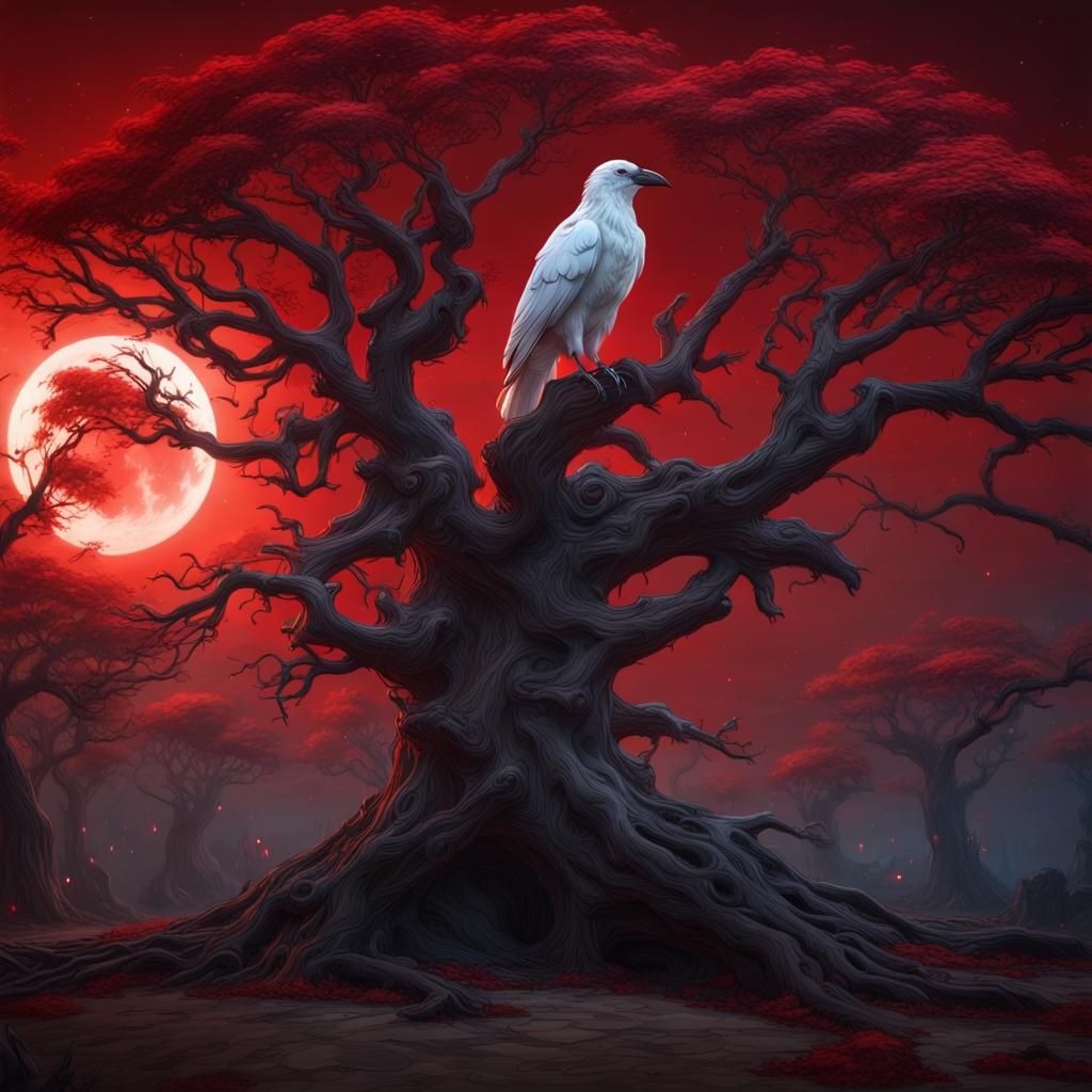 Scary Tree, Red Moon, and White Raven: Matte Painting